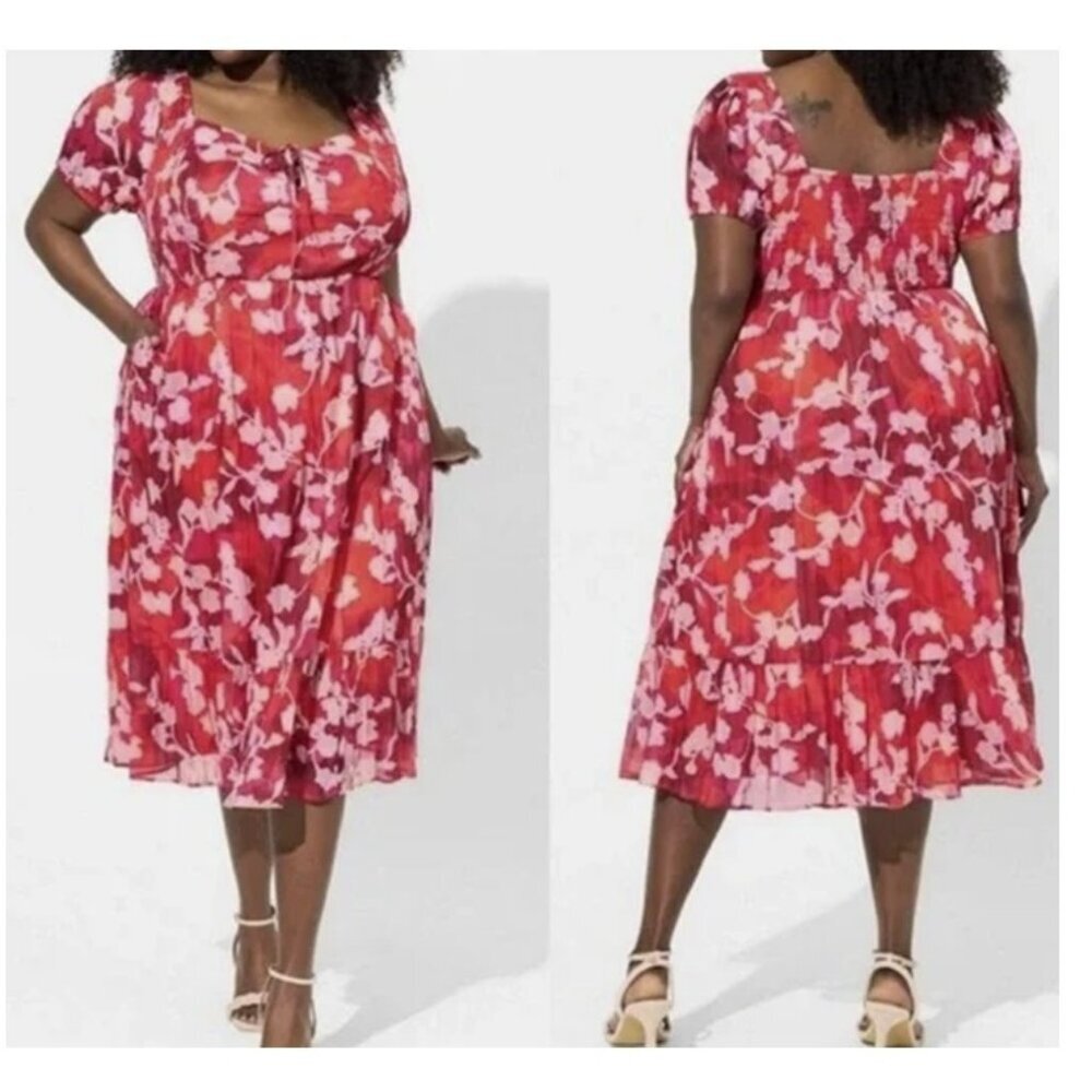 Torrid Floral Tiered New Ruffle Puff Sleeve Lace Up Cotton Blend Midi Dress